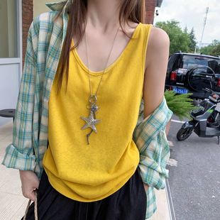 龙妹家黄色棉亚麻吊带背心女夏外穿新款宽肩内搭宽松大码无袖上衣