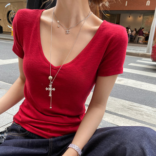 龙妹竹节棉红色V领正肩短袖T恤女2026新款夏穿搭收腰修身好看上衣