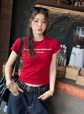 龙妹家红色圆领印花短袖T恤女2026春夏新款修身独特半袖正肩上衣