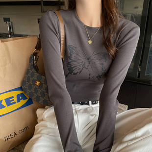 设计感打底衫 圆领长袖 新款 2025年春装 内搭纯棉正肩上衣 T恤女修身