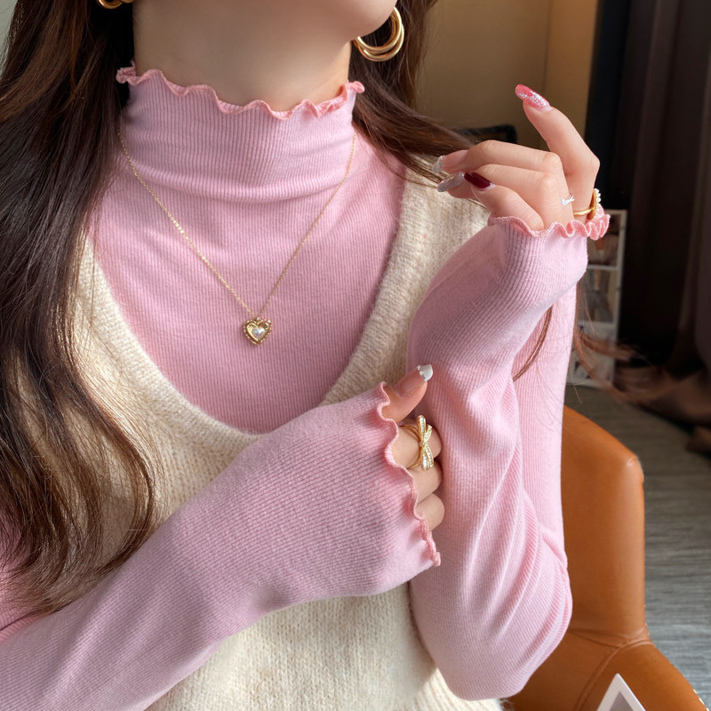 粉色磨毛加绒半高领打底衫女内搭2026秋冬季新款高级感木耳边上衣