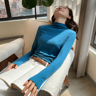 湖蓝色内搭秋冬季加绒半高领打底衫女2025新款磨毛高级感中领上衣