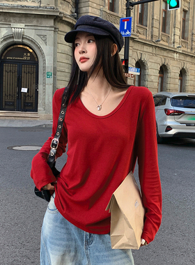 红色V领长袖t恤女装内搭2025冬新款宽松上衣慵懒巨好看加绒打底衫