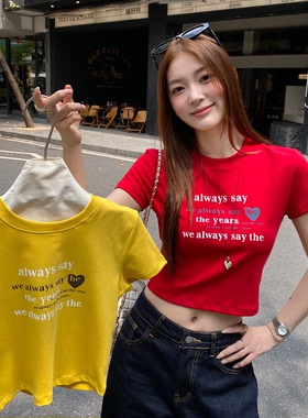 龙妹红色圆领印花短袖T恤女2026新款夏季美式辣妹正肩修身小上衣