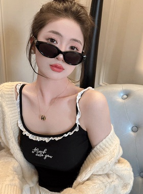 黑色纯棉蕾丝吊带背心女外穿2026春夏新款带胸垫内搭打底无袖上衣