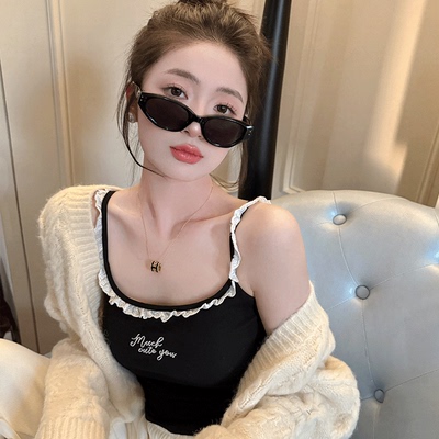 【蕾丝木耳边小吊带】免文胸一体