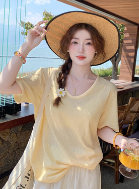 龙妹黄色V领冰丝短袖T恤女2026春夏新款慵懒宽松薄款竹节棉麻上衣