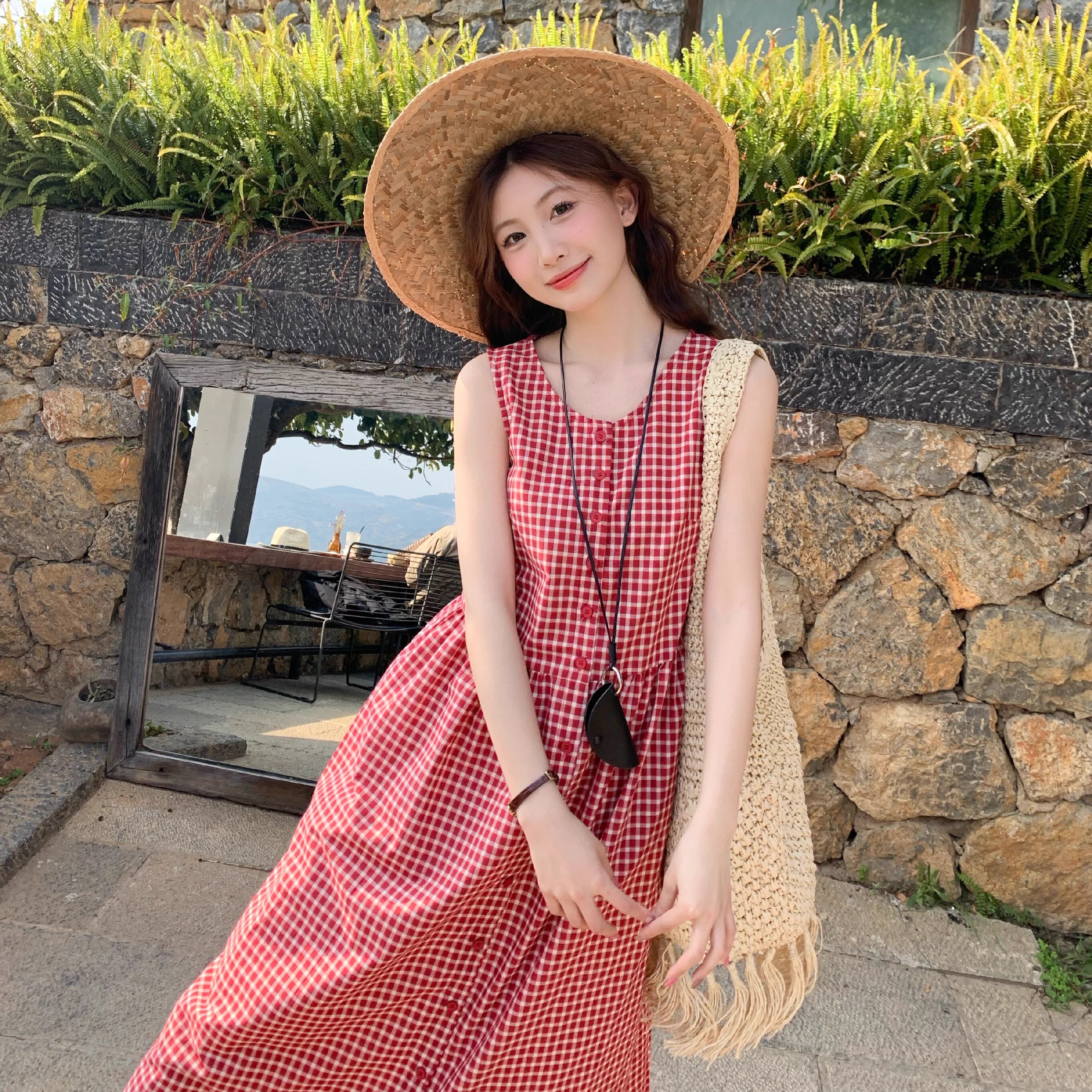 红色格子连衣裙女夏季森系甜美