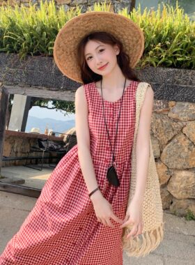 红色格子连衣裙女夏季森系甜美