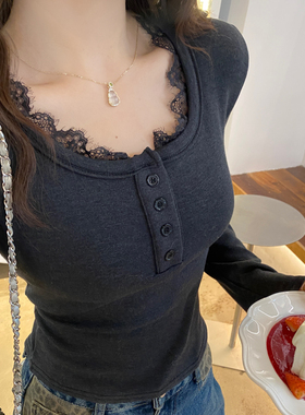 灰色蕾丝磨毛加绒打底衫女内搭2026春秋季新款高级感修身黑色上衣