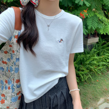 白色t恤女高级感夏季2025新款宽松圆领刺绣休闲百搭显瘦短袖上衣