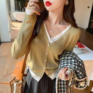 开衫女薄款v领假两件针织衫2026年春秋新款毛衣外套短款上衣外搭