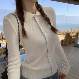 龙妹白色POLO领针织开衫外套女外穿2026新款早春穿搭修身气质上衣