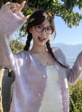 紫色圆领针织开衫外套女