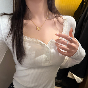 白色蕾丝花边打底衫女内搭2026春夏甜美方领上衣修身短款长袖T恤