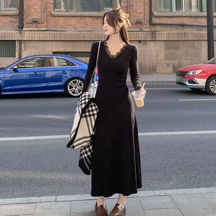 法式 黑色V领蕾丝连衣裙女装 内搭气质打底修身 新款 长裙 2025春秋季