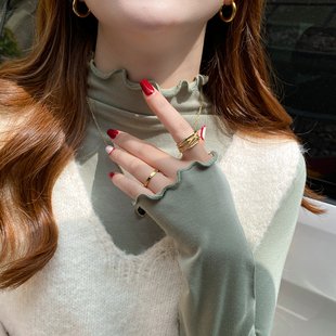 绿色半高领木耳边打底衫女内搭秋冬2025年新款长袖T恤高级感上衣