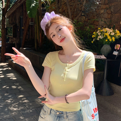 黄色纯棉短袖T恤女新款百搭外穿
