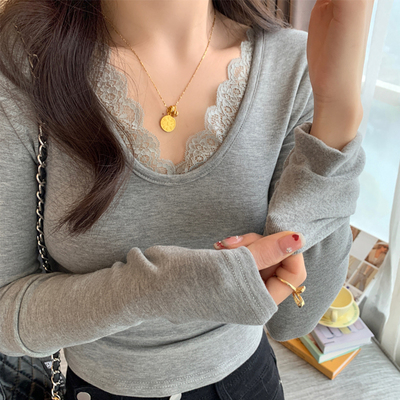 蕾丝V领磨毛加绒打底衫女内搭