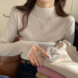 半高领打底衫女秋冬加绒加厚2024年新款纯色自发热一体绒保暖上衣