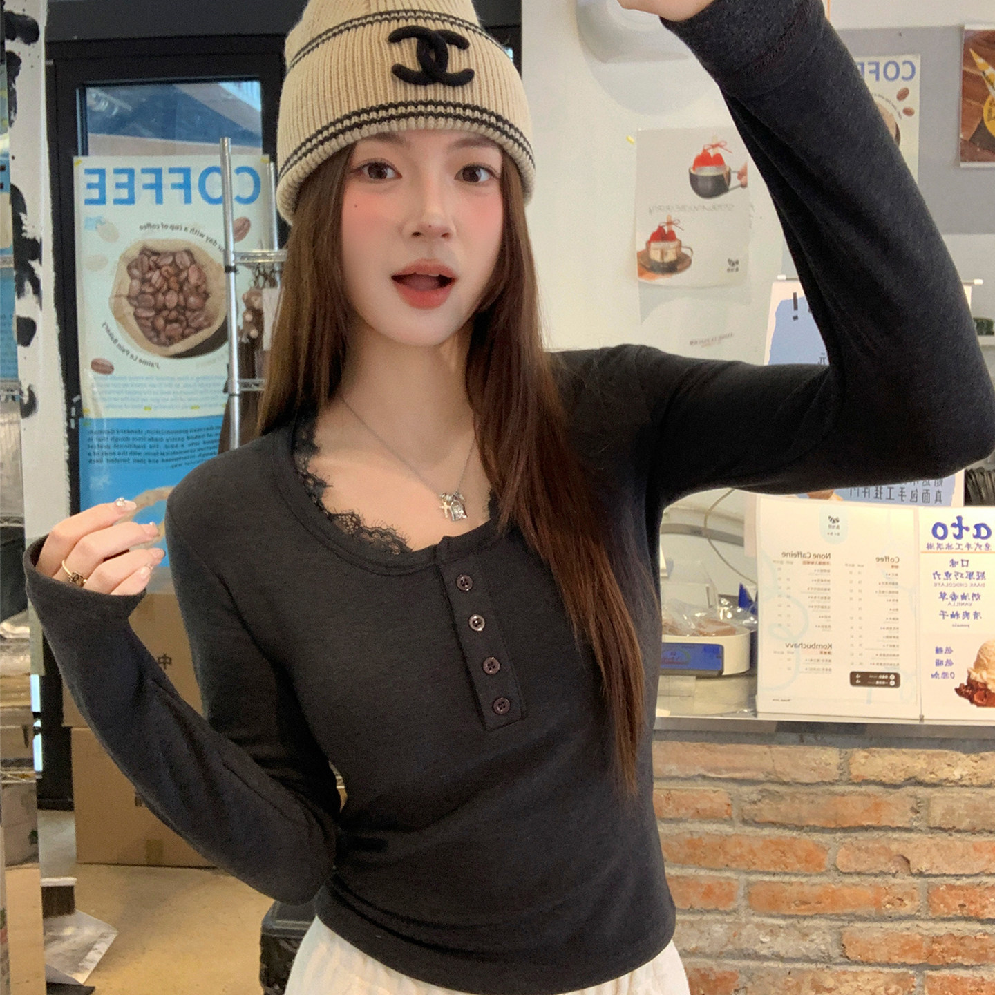 龙妹家灰色蕾丝加绒加厚打底衫女内搭2026冬新款保暖长袖T恤上衣