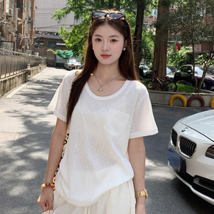 龙妹家白色低圆领冰丝棉麻短袖 设计感宽松T恤 上衣女2025新款 爆款