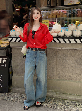 龙妹家红色天丝防晒衬衫女2026新款夏季绝美薄款外套宽松显瘦上衣