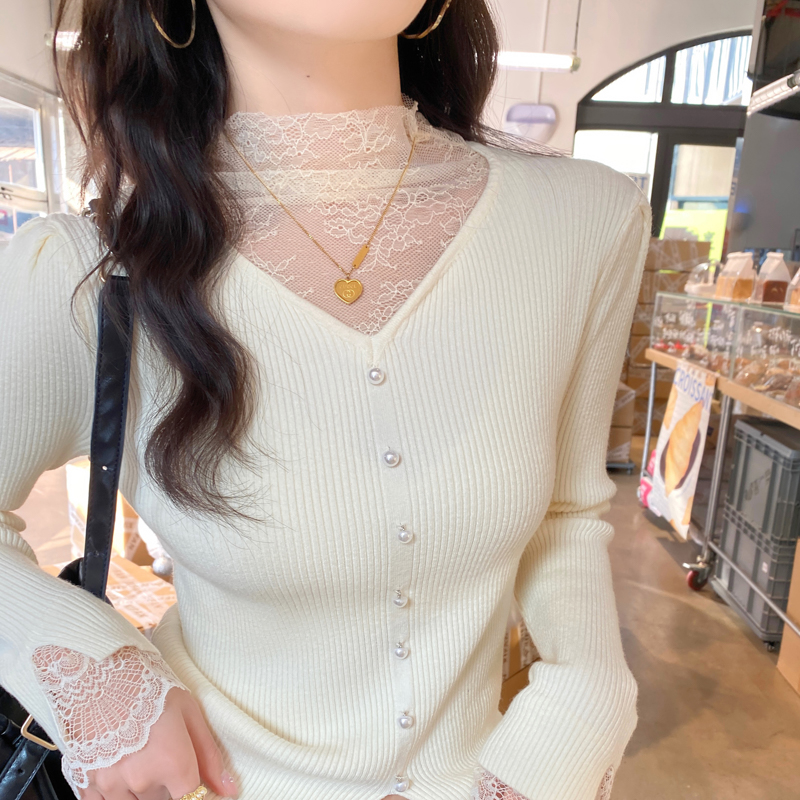 蕾丝半高领V领针织衫保暖女