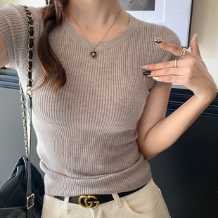 紧身上衣灰色针织短袖 夏季 修身 冰丝正肩T恤女2026年新款 体恤 薄款