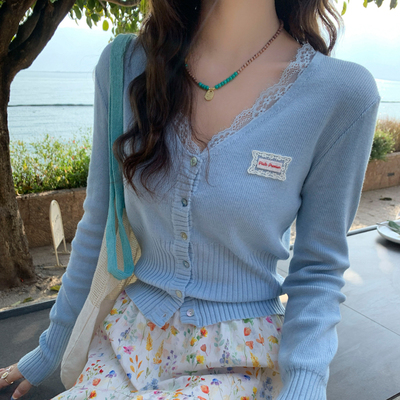 【羊毛打底衫】V领蕾丝针织开衫