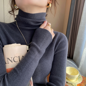 龙妹2025冬新款黑色堆堆领高领羊毛针织打底衫女内搭毛衣上衣