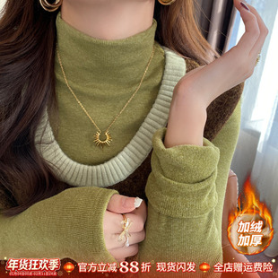 绿色半高领加绒加厚打底衫女装内搭2025秋冬季新款高级巨好看上衣