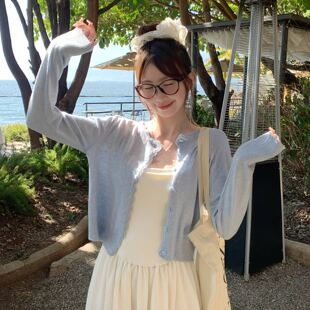 薄款 防晒罩衫 上衣 外套女春夏外穿2026新款 龙妹家蓝色蕾丝针织开衫