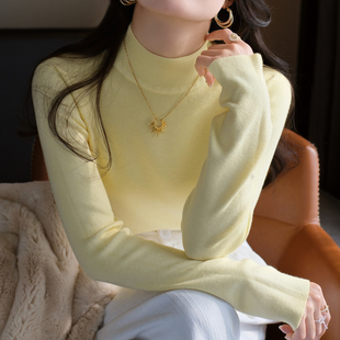 慵懒上衣服 新款 龙妹家黄色半高领针织打底衫 毛衣女内搭2025秋冬季
