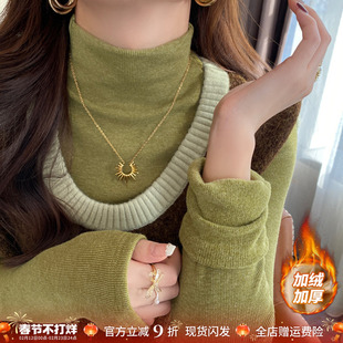 绿色半高领加绒加厚打底衫女装内搭2025秋冬季新款高级巨好看上衣