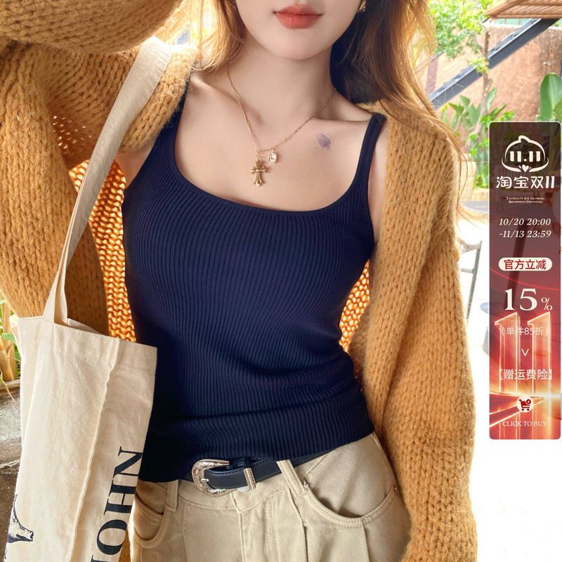 藏青色针织打底吊带背心女内搭2026秋新款修身遮副乳蓝色上衣外穿