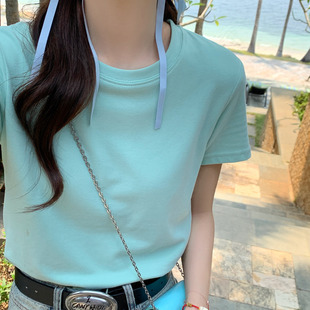 t恤女2025夏新款 薄荷绿色棉正肩短袖 宽松显瘦独特漂亮多巴胺上衣