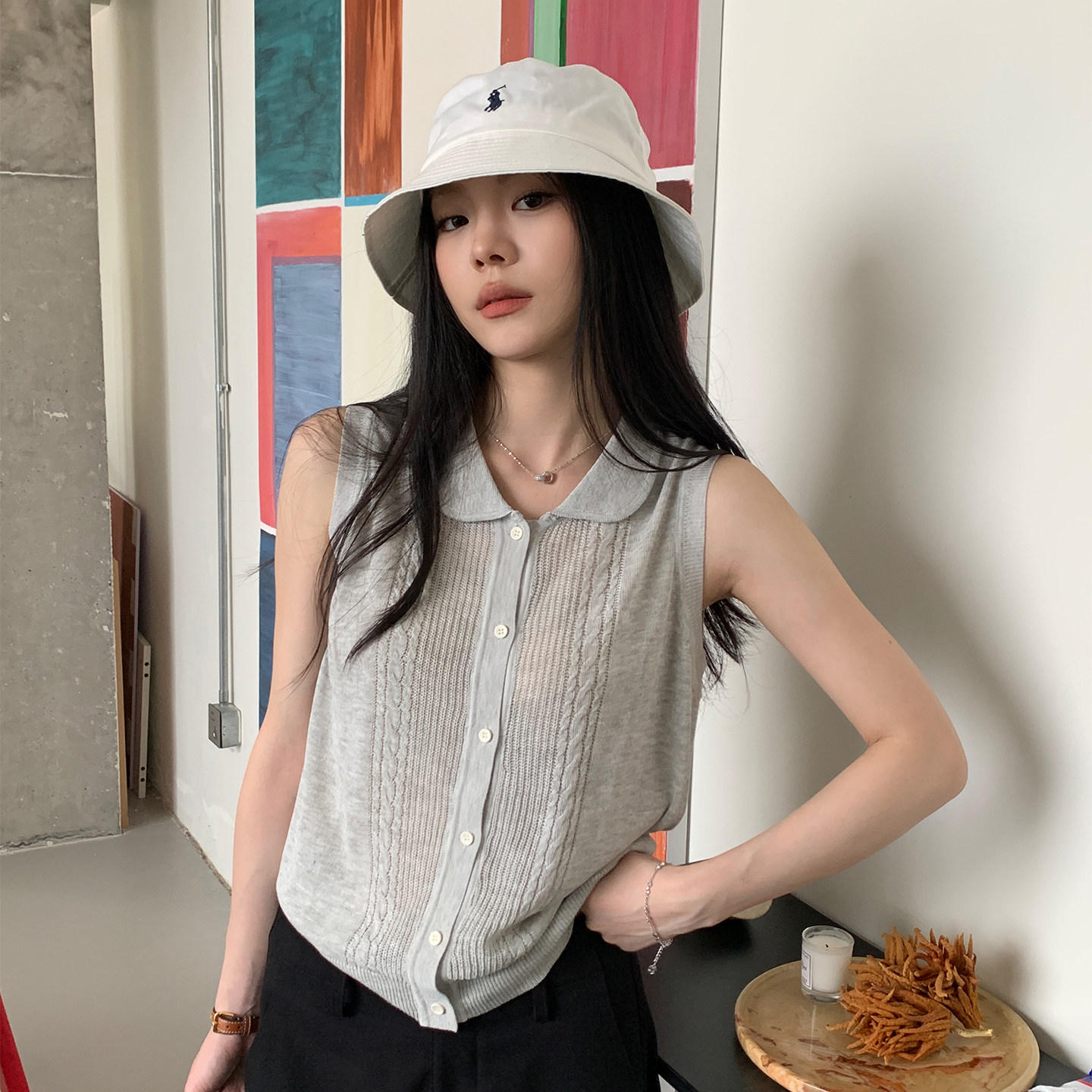 龙妹灰色娃娃领亚麻针织吊带背心女夏外穿2026新款无袖宽松小上衣