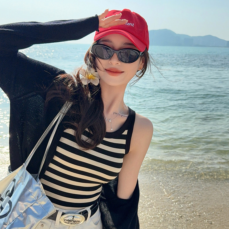 黑白条纹带胸垫吊带女内搭2025春夏季新款纯棉背心打底小上衣外穿