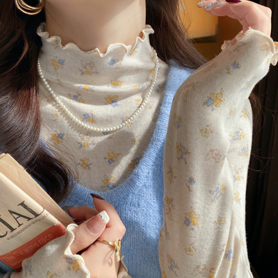 碎花木耳边长袖打底衫