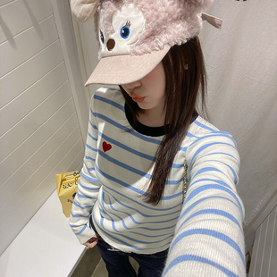 蓝色条纹针织打底衫女2025年春季新款设计感圆领毛衣内搭上衣外穿