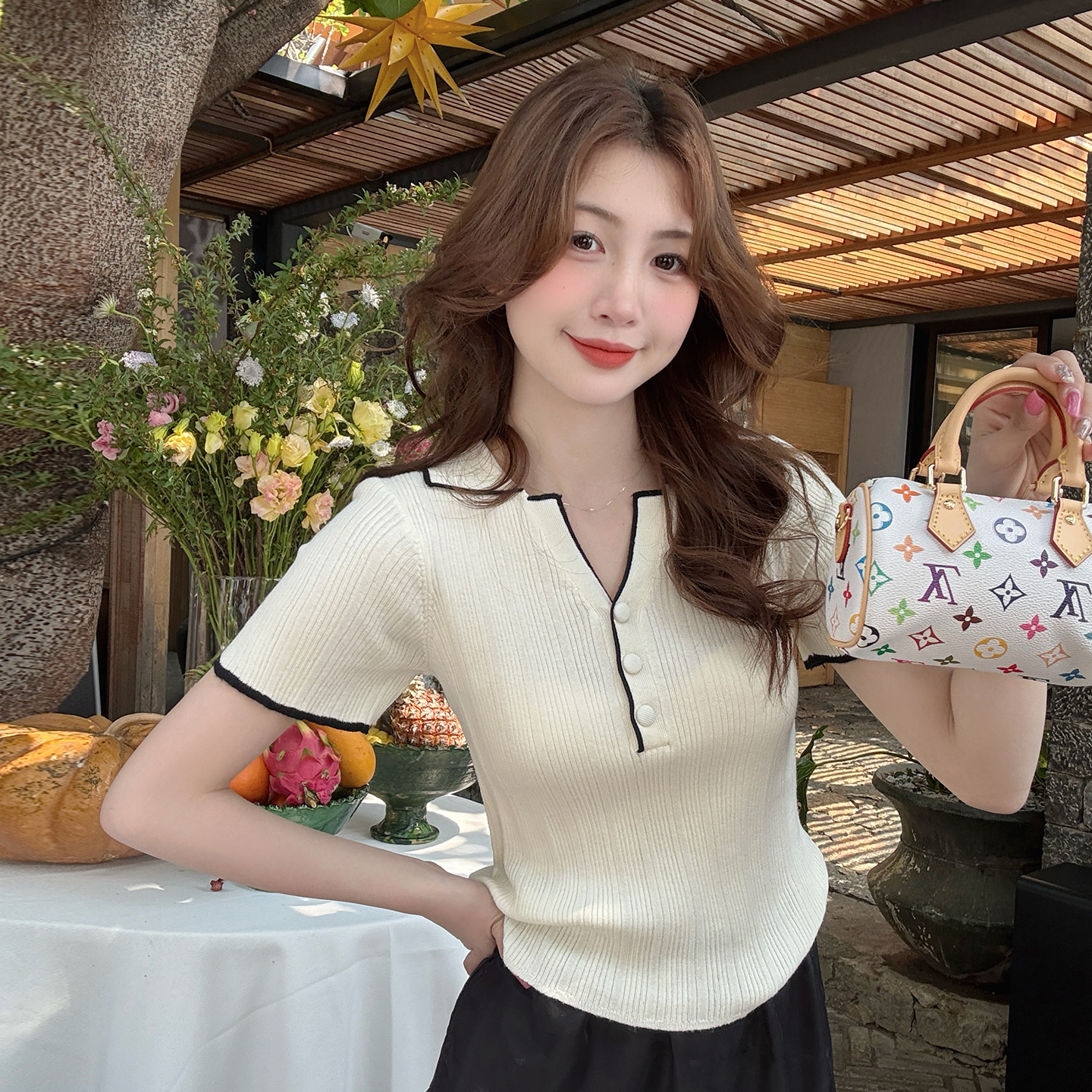 龙妹杏色POLO领针织短袖T恤女外穿2026春夏新款高级撞色打底上衣
