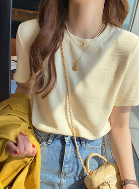 黄色短袖女春夏穿搭2026新款圆领华夫格正肩t恤宽松独特漂亮上衣