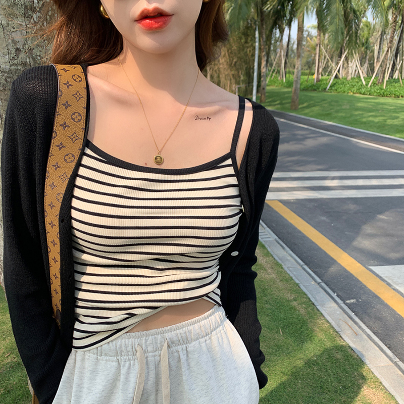 冰丝吊带女2025春夏季新款外穿条纹针织背心内搭打底修身无袖上衣