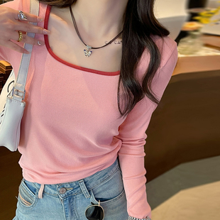 粉色t恤女长袖2026早春新款正肩方领打底衫春夏内搭修身显瘦上衣
