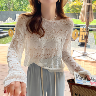 短款 设计感小众针织长袖 镂空上衣 女夏配吊带外搭薄款 冰丝防晒罩衫