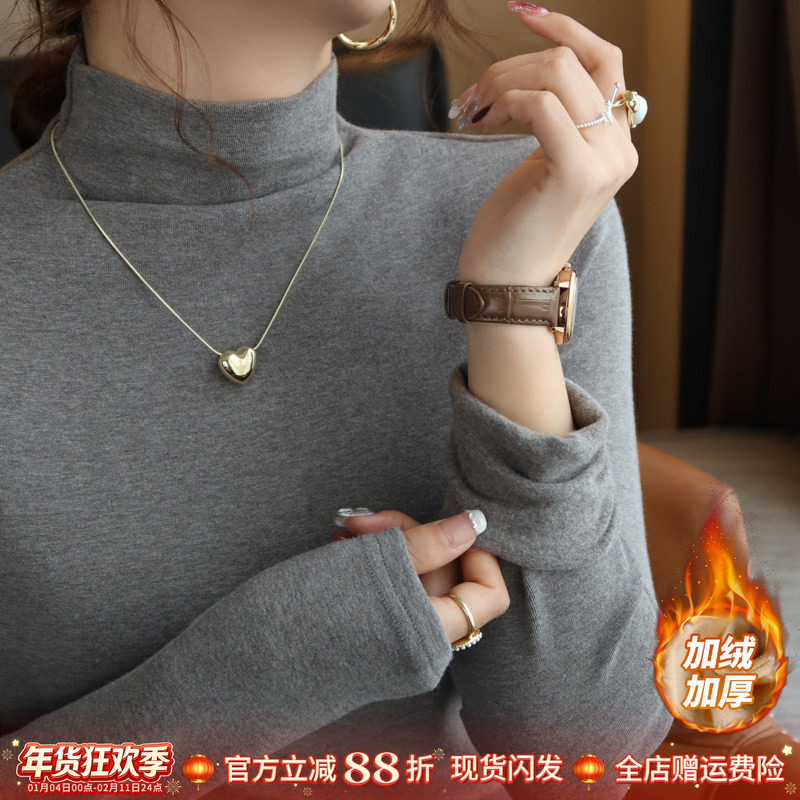 灰色加绒加厚半高领打底衫女秋冬新款内搭高级感保暖磨毛中领上衣,女装/女士精品,T恤,淘宝优惠券,粉丝福利购,淘宝优惠卷