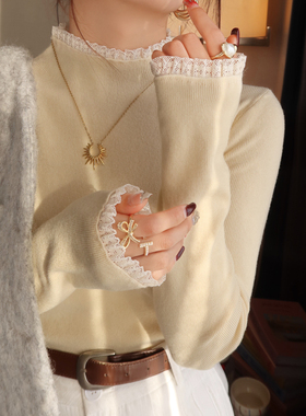 蕾丝半高领白色打底衫女内搭高级感2025秋冬新款毛衣外穿针织上衣