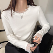 白色网纱长袖 打底衫 上衣女士内搭2026春装 设计感蕾丝花边T恤修身