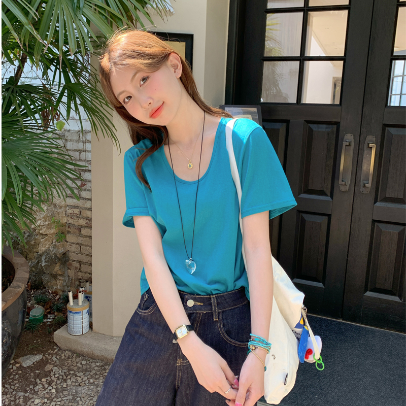 蓝色多巴胺短袖T恤女棉麻宽松